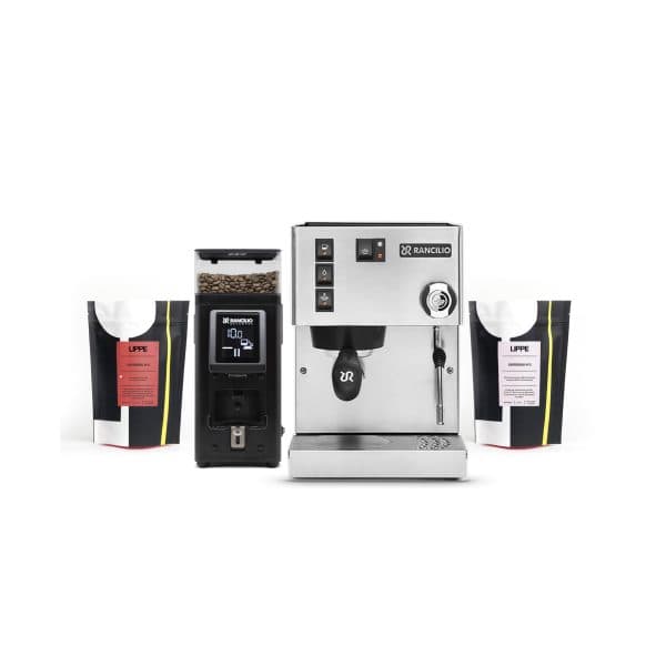 rancilio silvia espressomaskin med sort stile elektronisk kaffekvern og kaffe