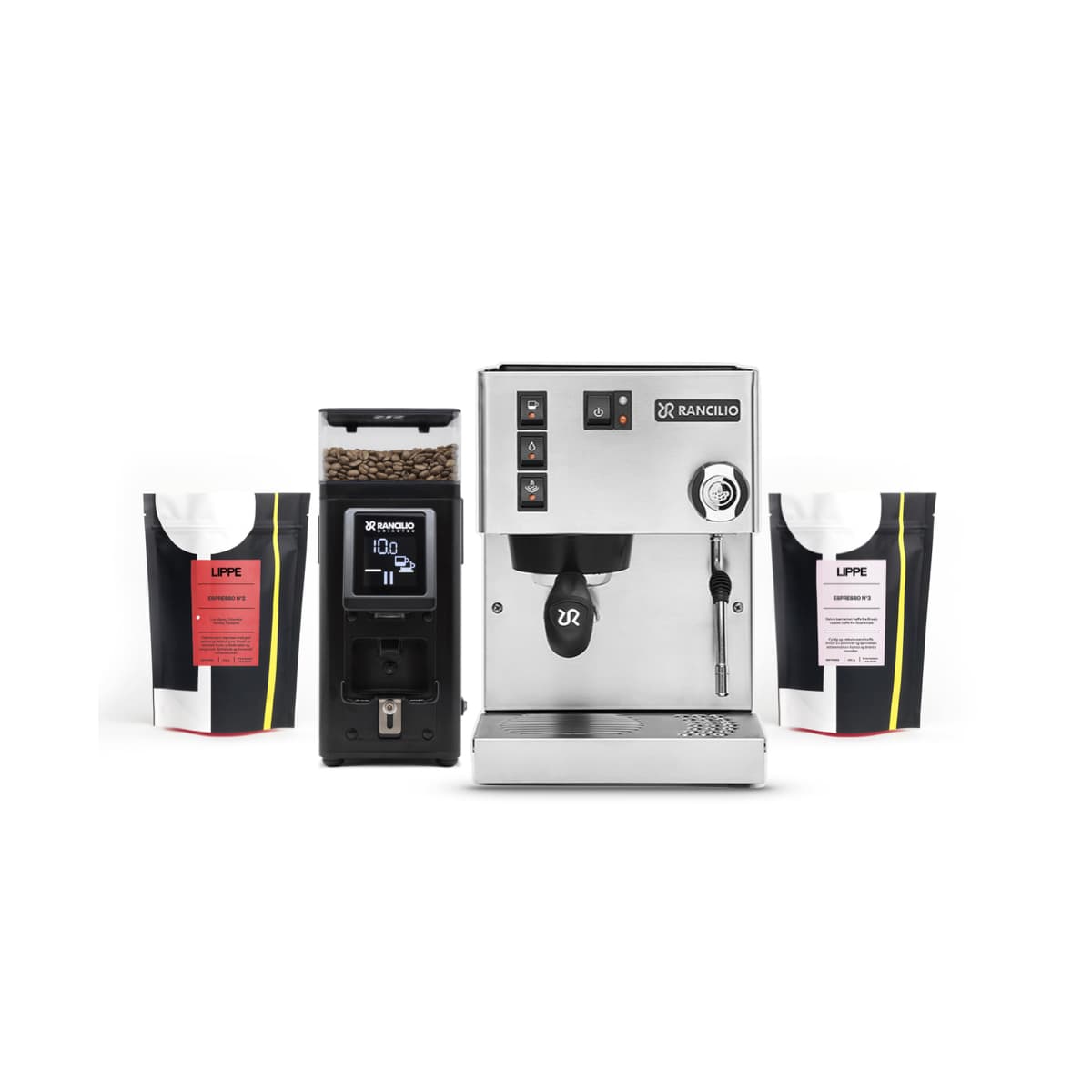 rancilio silvia espressomaskin med sort stile elektronisk kaffekvern og kaffe