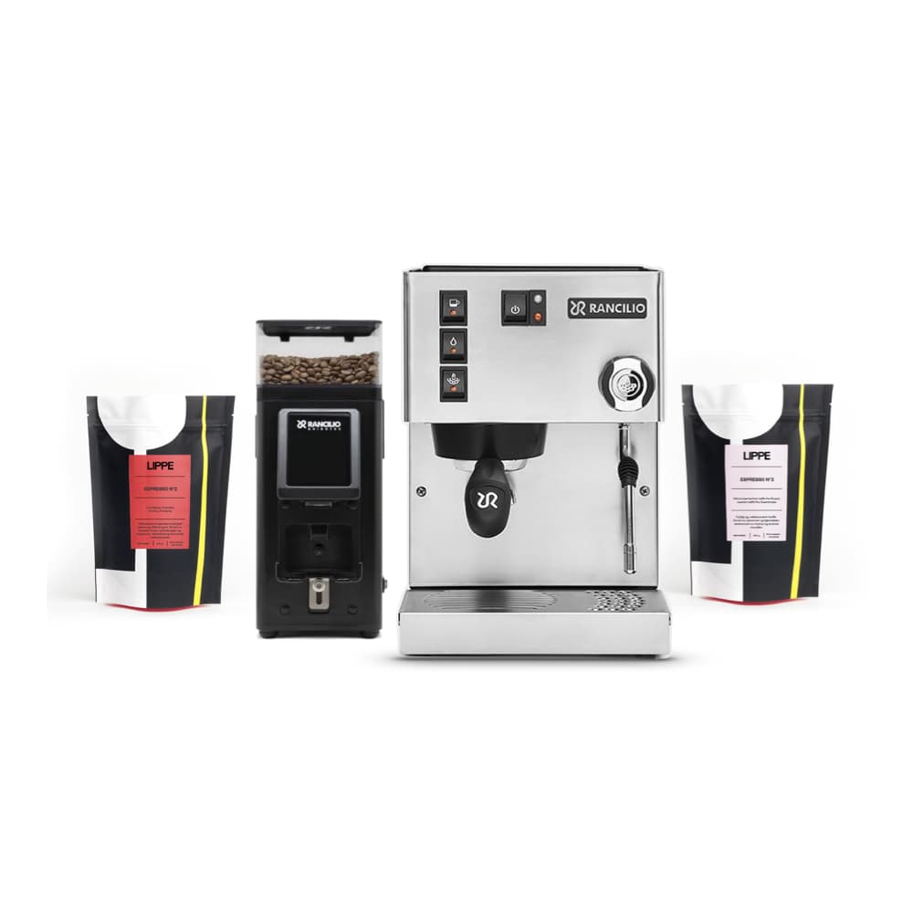 rancilio silvia espressomaskin med sort stile manuell kaffekvern og kaffe
